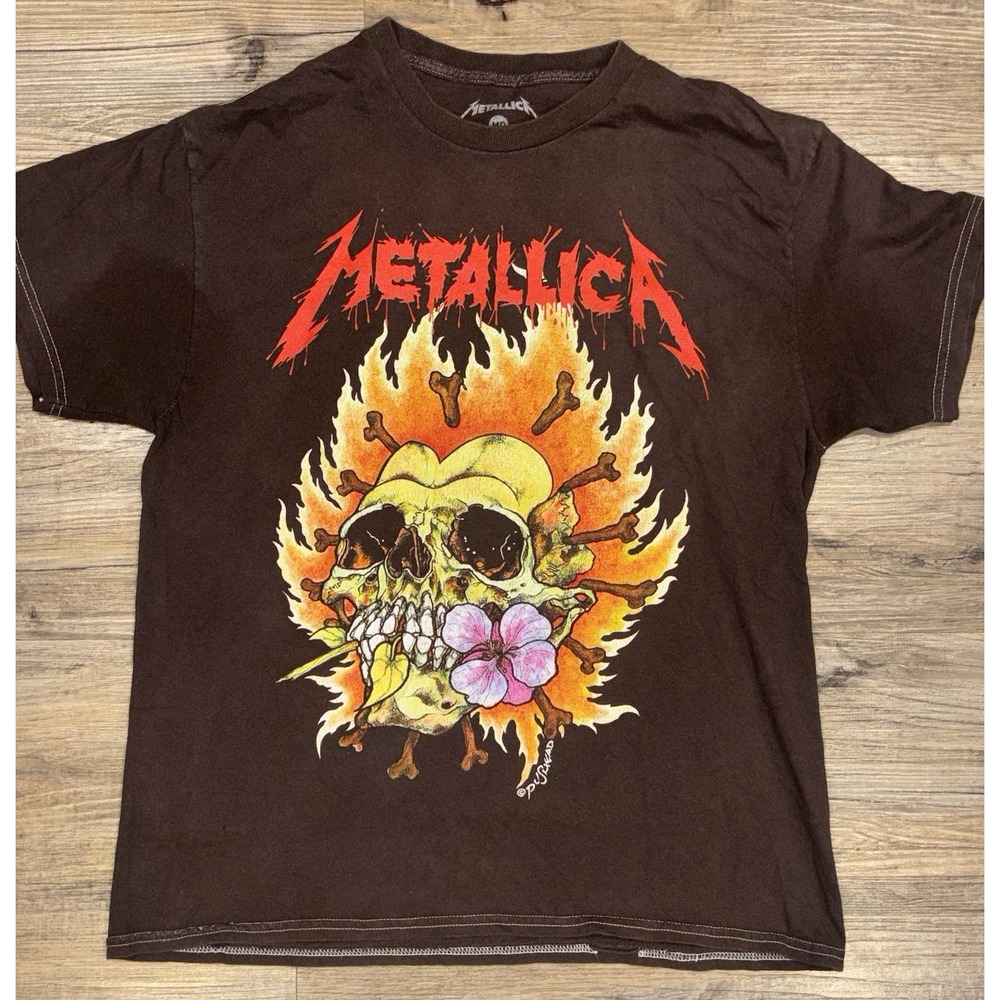 Metallica T Shirt Mens Medium Brown Flaming Skull Heart Double Sided Graphic Tee